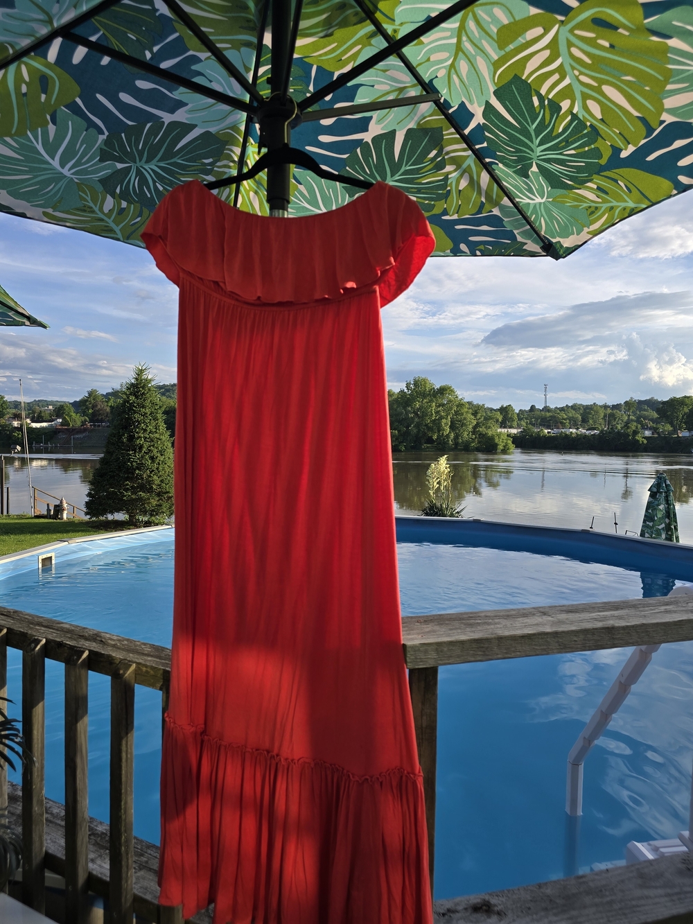 Soprano Coral Off-Shoulder Maxi Dress with Ruffle Neckline